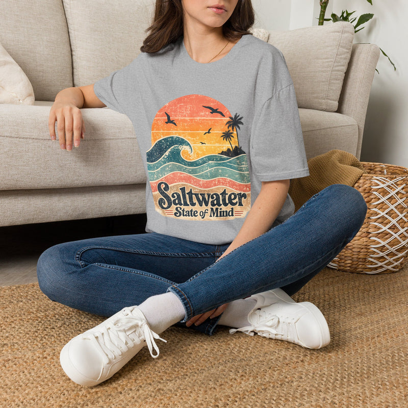 Saltwater State of Mind T-Shirt – Retro Ocean Wave Graphic Tee | Vintage Beach Sunset Shirt | Coastal Summer Gift