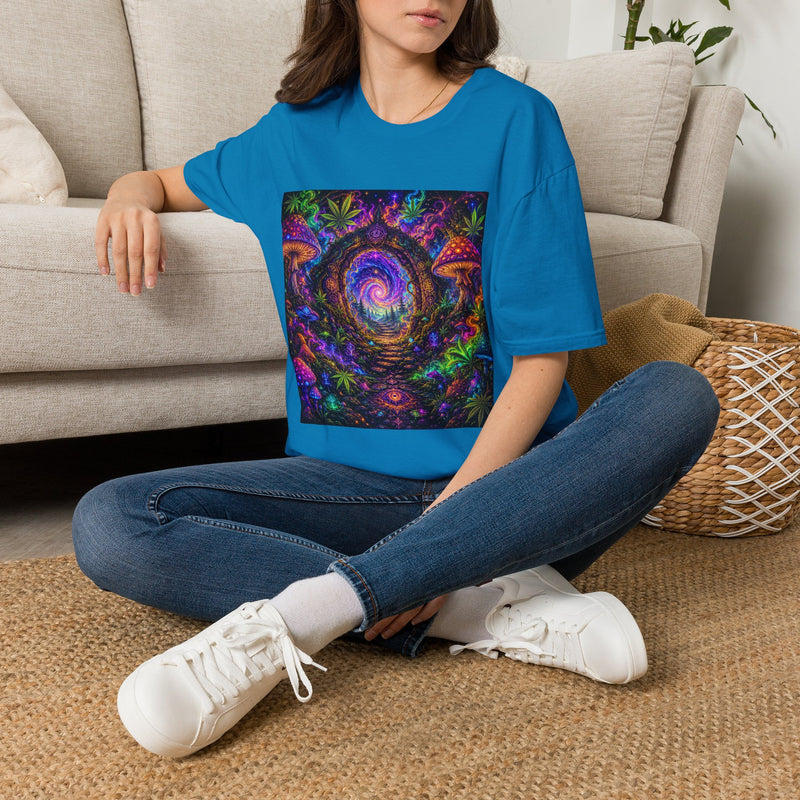Psychedelic Portal T-Shirt – Cannabis and Magic Mushroom Graphic Tee | Trippy Cosmic Forest Shirt | Enchanted Haze Gift