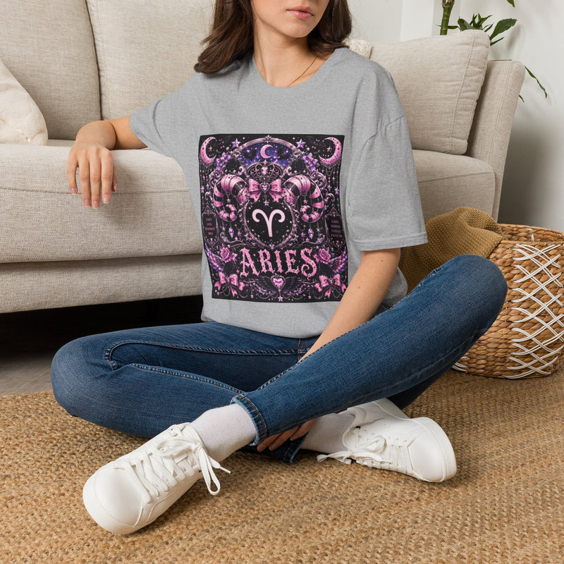 Aries Zodiac Crest T-Shirt – Mystical Astrology Emblem Graphic Tee | Pink Celestial Ram Symbol Shirt | Aries Horoscope Gift