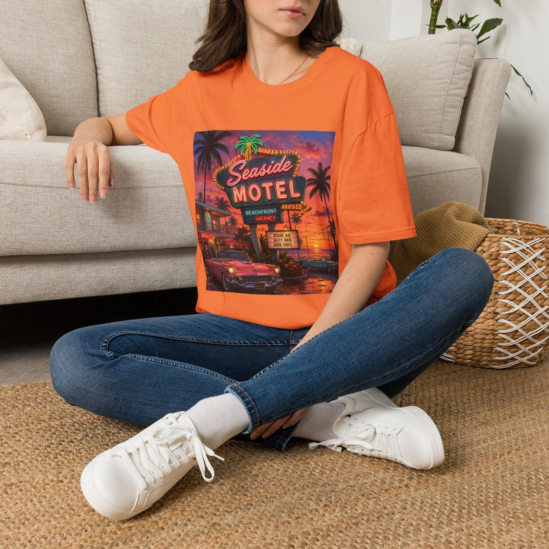 Seaside Motel T-Shirt – Retro Neon Beach Graphic Tee | Vintage Coastal Sunset Shirt | Tropical Vacation Gift