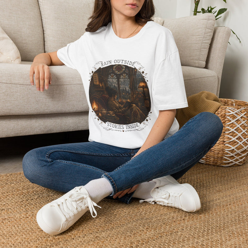 Rain Outside Stories Inside T-Shirt – Cozy Book Lover Graphic Tee | Moody Reading Aesthetic Shirt | Literary Gift from The Bookworm’s Hideaway