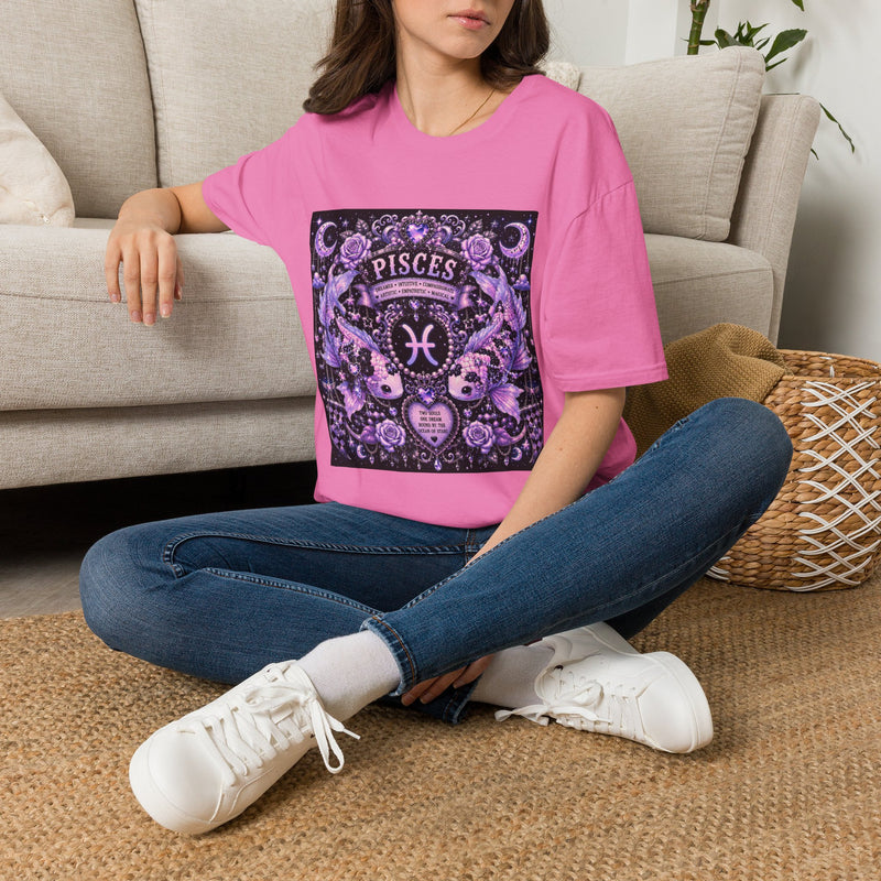 Pisces Celestial Gothic Crest T-Shirt – Mystical Zodiac Astrology Graphic Tee | Moon & Roses Fantasy Shirt | Pisces Horoscope Gift