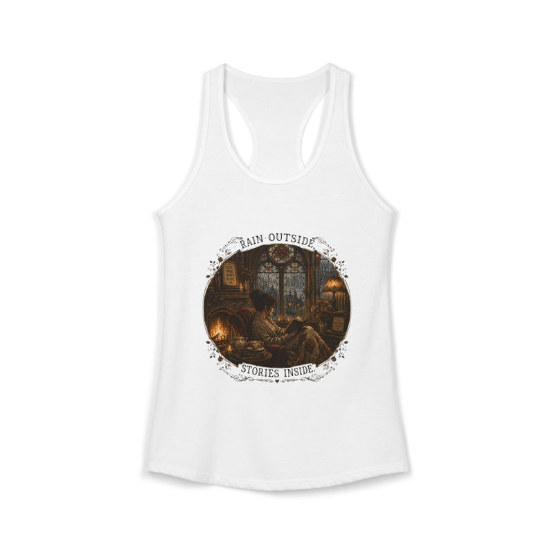 Rain Outside Stories Inside Tank Top – Cozy Book Lover Graphic Tank | Moody Reading Aesthetic Summer Top | Literary Gift from The Bookworm’s Hideaway