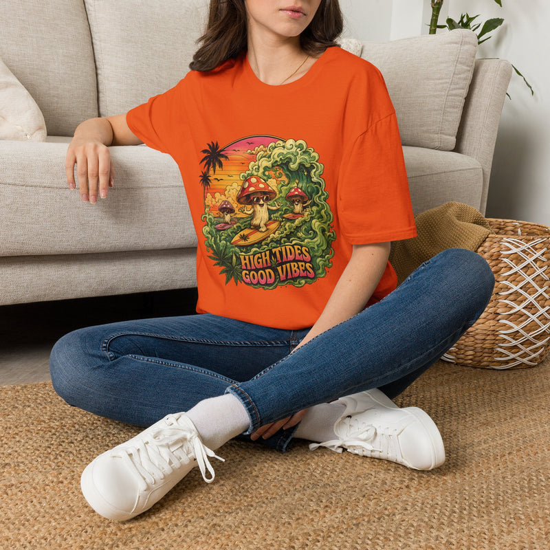High Tides Good Vibes T-Shirt – Cannabis and Magic Mushroom Graphic Tee | Trippy Beach Sunset Stoner Shirt | Enchanted Haze Gift