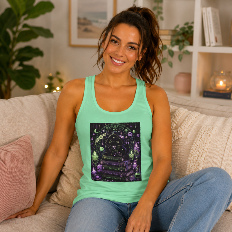 Reaper Kitty Spell Books Tank Top – Kawaii Pastel Goth Black Cat Tank with Scythe, Potions & Witchy Magic