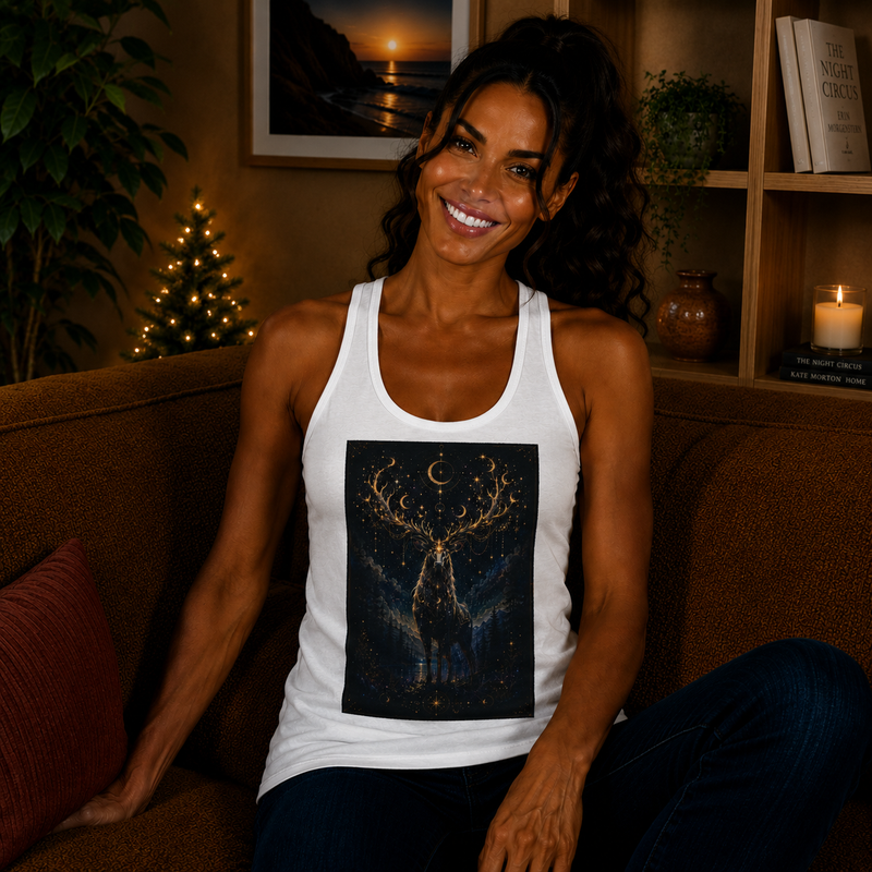 Celestial Stag Tank Top – Moonlit Deer with Glowing Antlers Graphic Tank | Mystical Woodland Fantasy Summer Top | Nature Lover Gift