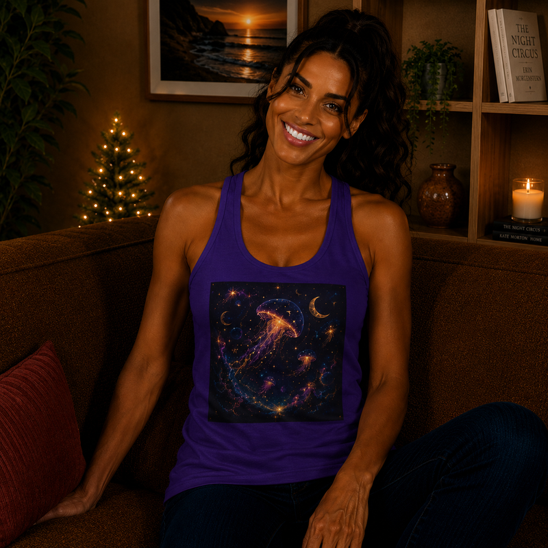 Celestial Jellyfish Tank Top – Cosmic Moon & Glowing Jellyfish Graphic Tank | Mystical Ocean Fantasy Summer Top | Marine Life Lover Gift
