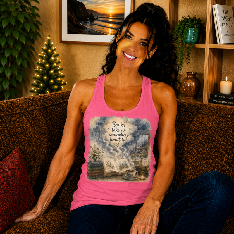 Books Take Us Somewhere Beautiful Tank Top – Inspirational Book Lover Graphic Tank | Cozy Literary Summer Top | Reader Gift from The Bookworm’s Hideaway