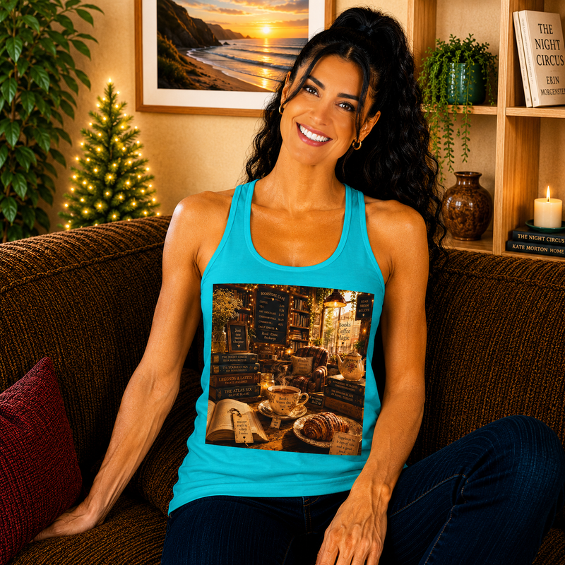 Cozy Library Café Tank Top – Book Lover Coffee Graphic Tank | Warm Reading Nook Literary Summer Top | Reader Gift from The Bookworm’s Hideaway