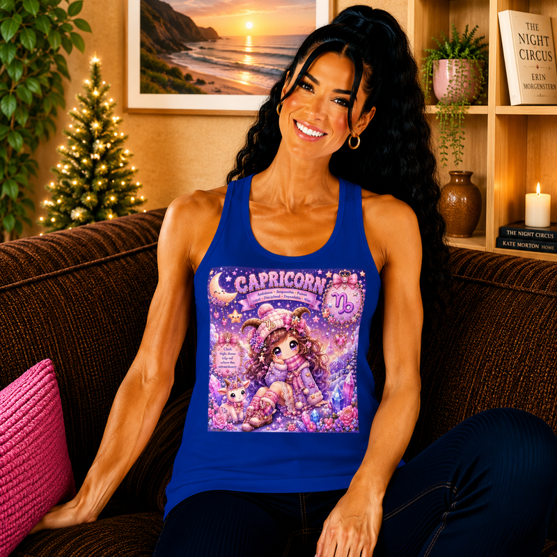 Capricorn Kawaii Chibi Girl Tank Top – Cute Zodiac Astrology Graphic Tank | Pastel Celestial Anime Summer Top | Capricorn Horoscope Gift