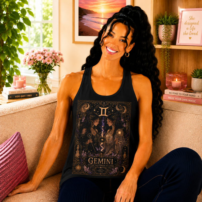 Gemini Celestial Twin Spirits Tank Top – Mystical Zodiac Astrology Graphic Tank | Moonlit Fantasy Summer Top | Gemini Horoscope Gift
