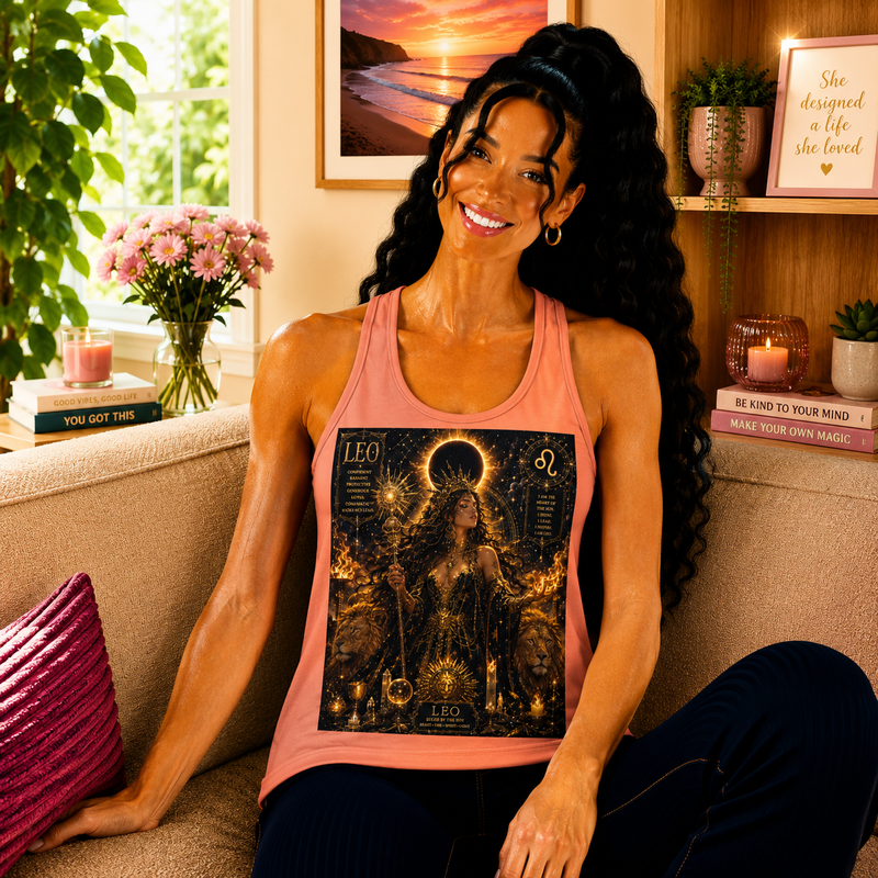 Leo Celestial Sun Priestess Tank Top – Mystical Zodiac Astrology Graphic Tank | Golden Solar Fantasy Summer Top | Leo Horoscope Gift