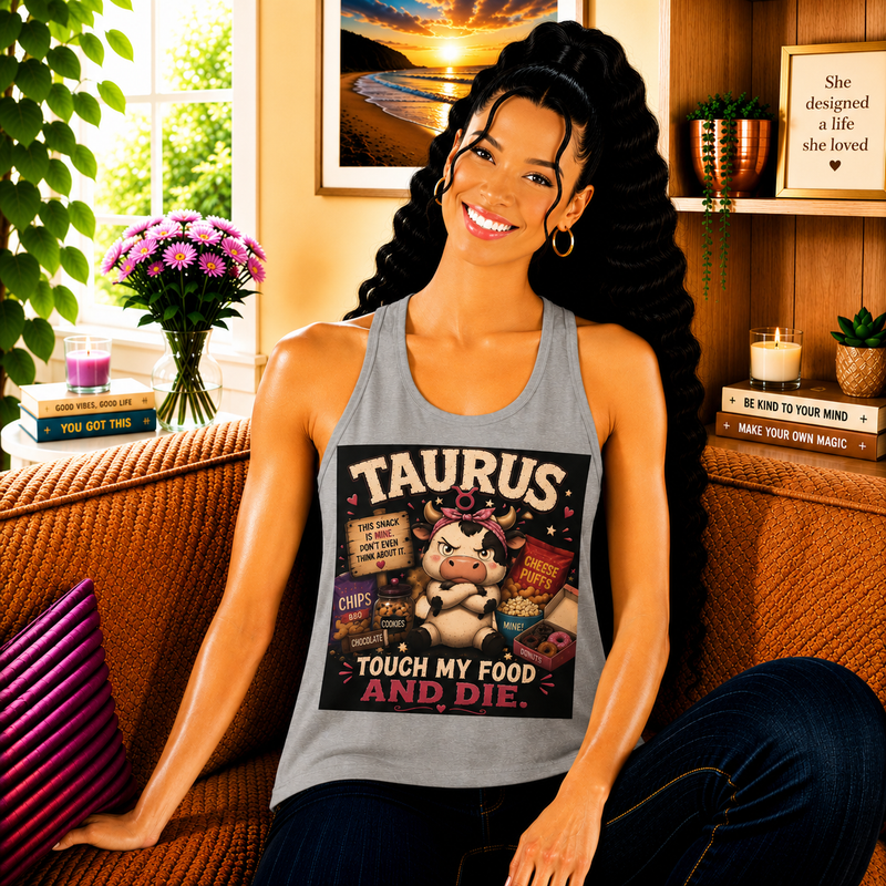 Taurus Touch My Food and Die Tank Top – Funny Zodiac Bull Graphic Tank | Cute Astrology Food Meme Sleeveless Shirt | Taurus Horoscope Gift