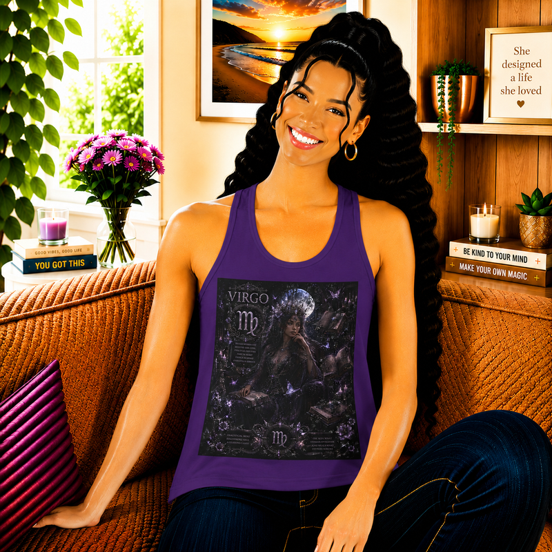 Virgo Celestial Moon Priestess Tank Top – Mystical Zodiac Astrology Graphic Tank | Dark Fantasy Moon Magic Summer Top | Virgo Horoscope Gift