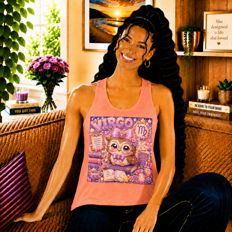 Virgo Kawaii Owl Tank Top – Cute Zodiac Astrology Graphic Tank | Pastel Celestial Book Lover Owl Summer Top | Virgo Horoscope Gift