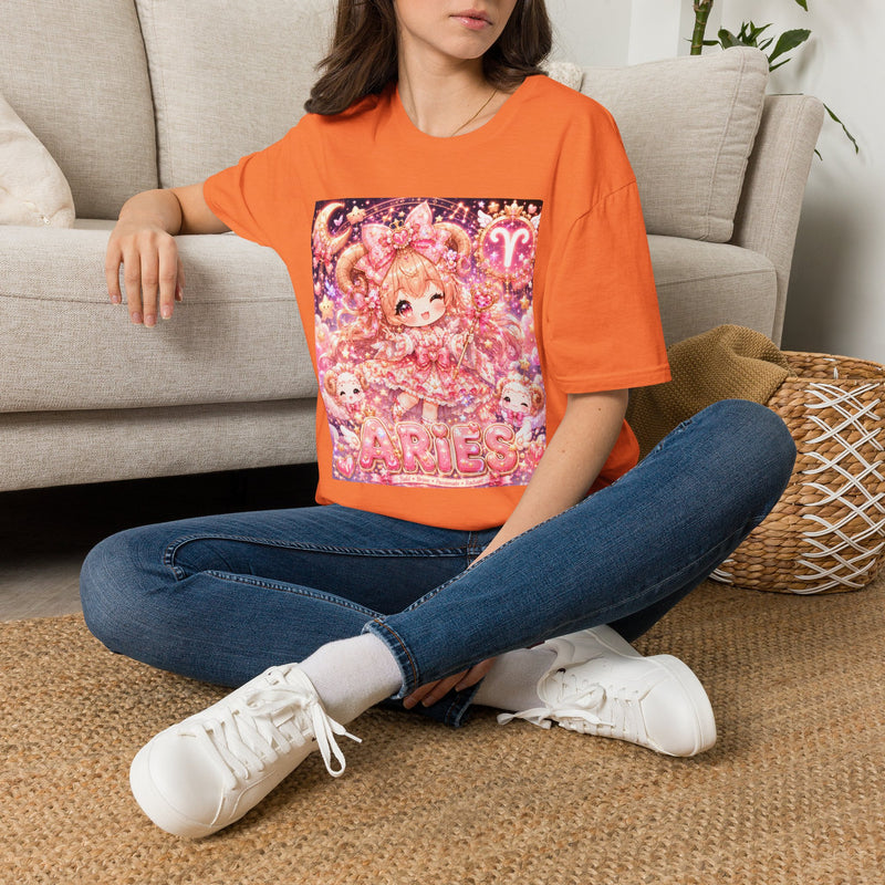 Aries Kawaii Chibi Girl T-Shirt – Cute Zodiac Astrology Graphic Tee | Pastel Anime Celestial Shirt | Aries Horoscope Gift