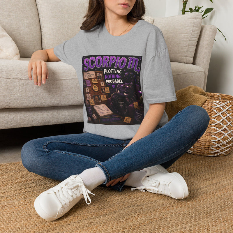 Scorpio Plotting Nothing, Probably T-Shirt – Funny Zodiac Astrology Graphic Tee | Celestial Meme Shirt | Scorpio Horoscope Gift