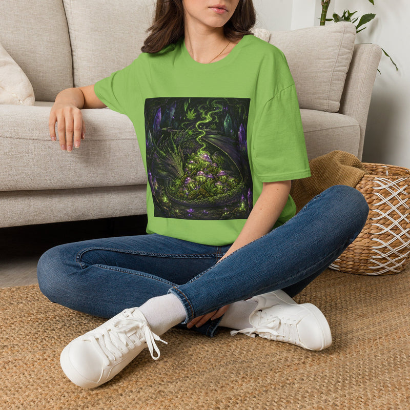 Dragon Hoard T-Shirt – Cannabis and Magic Mushroom Graphic Tee | Psychedelic Crystal Dragon Shirt | Enchanted Haze Gift