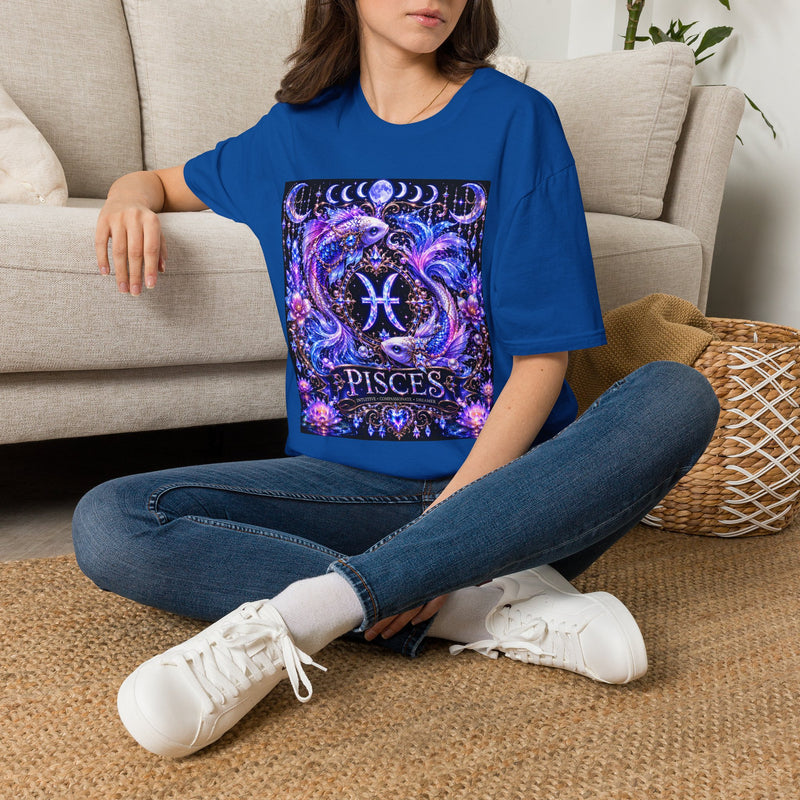 Pisces Celestial Twin Fish Crest T-Shirt – Mystical Zodiac Astrology Graphic Tee | Moon Phases Fantasy Shirt | Pisces Horoscope Gift
