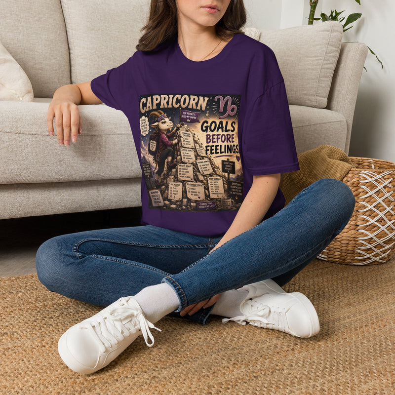 Capricorn Goals Before Feelings T-Shirt – Funny Zodiac Goat Graphic Tee | Ambitious Astrology Meme Shirt | Capricorn Horoscope Gift