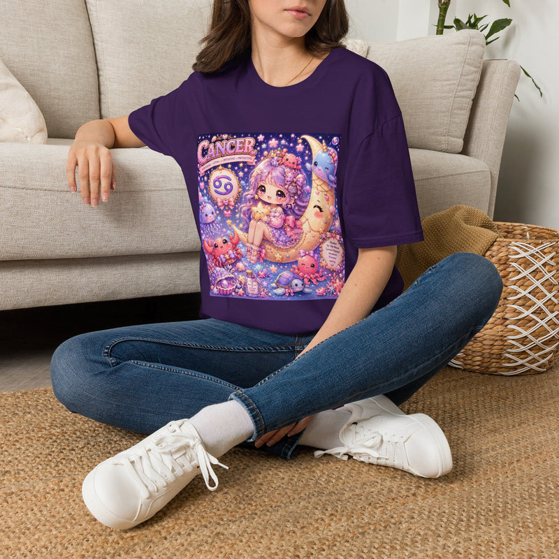 Cancer Kawaii Chibi Moon Girl T-Shirt – Cute Zodiac Astrology Graphic Tee | Pastel Celestial Anime Shirt | Cancer Horoscope Gift