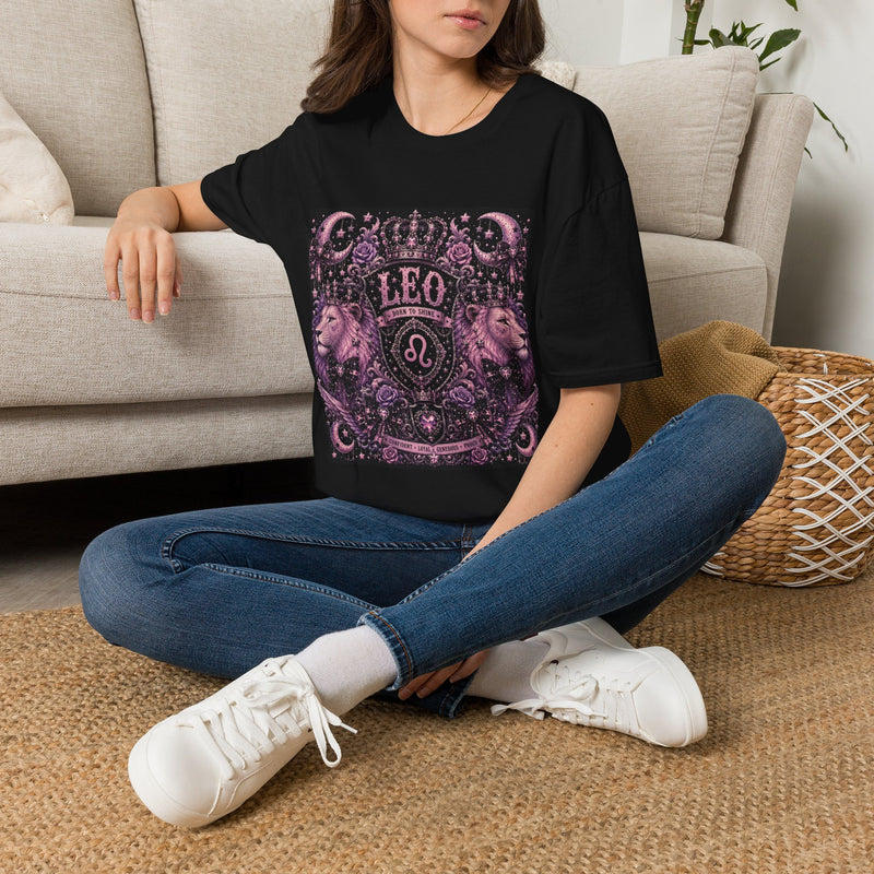 Leo Celestial Lion Crest T-Shirt – Mystical Zodiac Astrology Graphic Tee | Moon & Stars Fantasy Emblem Shirt | Leo Horoscope Gift