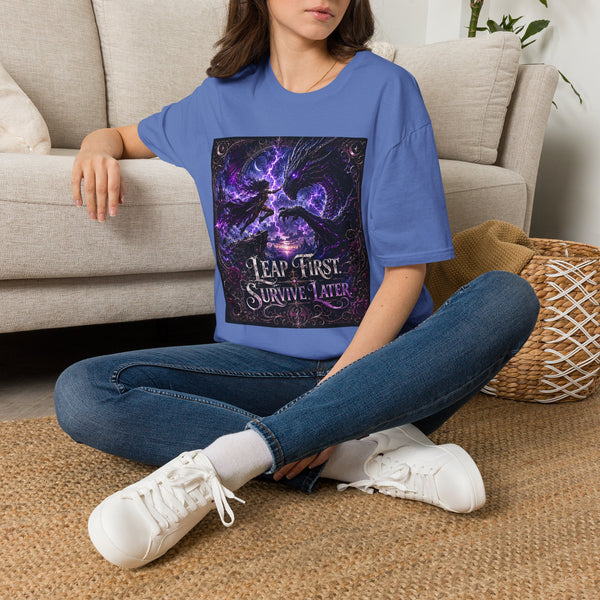 Leap First, Survive Later T-Shirt – Dragon Fantasy Graphic Tee | Epic Adventure Quote Shirt | Fangs & Fairy Tales Gift