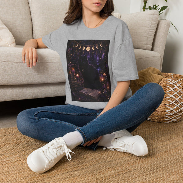 Moonlit Black Cat Spellbook T-Shirt – Enchanted Library & Lunar Phase Graphic Tee | Magical Fairycore Fantasy Shirt | Fairy Dust & Moonbeams Gift