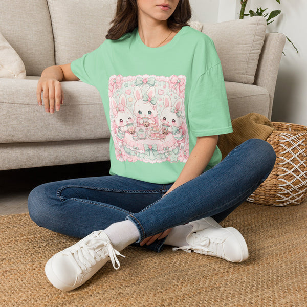 Kawaii Bunny Tea Party T-Shirt – Cute Pastel Rabbit Bubble Tea Graphic Tee | Sweet Tea Time Animal Shirt | Cutiecore Gift
