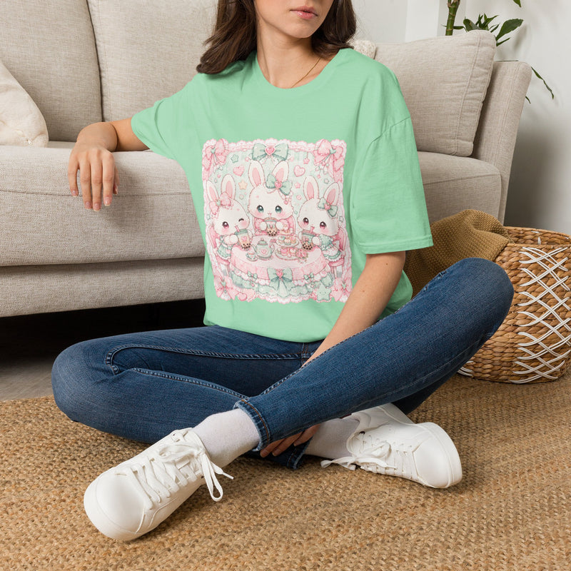 Kawaii Bunny Tea Party T-Shirt – Cute Pastel Rabbit Bubble Tea Graphic Tee | Sweet Tea Time Animal Shirt | Cutiecore Gift