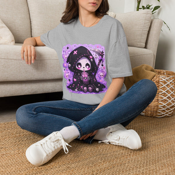 Kawaii Grim Reaper Boba T-Shirt – Pastel Goth Cute Reaper Tee with Bubble Tea, Skulls & Spooky Aesthetic