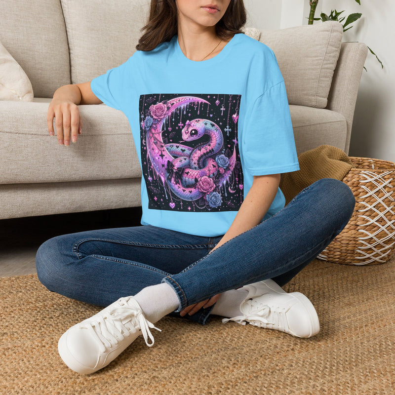 Pastel Goth Snake & Crescent Moon T-Shirt – Kawaii Gothic Serpent Tee with Roses & Celestial Aesthetic