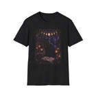 Moonlit Black Cat Spellbook T-Shirt – Enchanted Library & Lunar Phase Graphic Tee | Magical Fairycore Fantasy Shirt | Fairy Dust & Moonbeams Gift