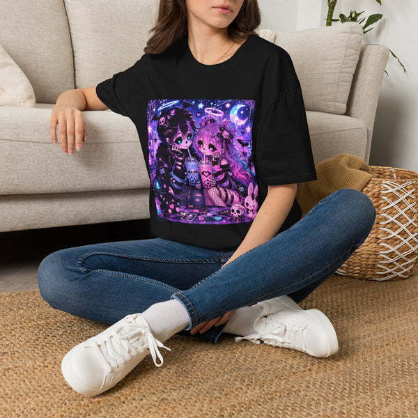 Kawaii Pastel Goth Bubble Tea Shirt – Cute But Cursed Anime Couple Tee with Skulls, Bats & Gothic Aesthetic