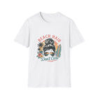 Beach Hair Don't Care T-Shirt – Messy Bun Beach Girl Graphic Tee | Funny Coastal Summer Shirt | Retro Surf Vacation Gift