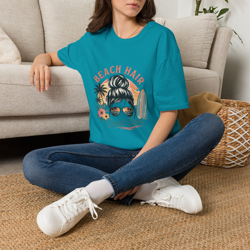 Beach Hair Don't Care T-Shirt – Messy Bun Beach Girl Graphic Tee | Funny Coastal Summer Shirt | Retro Surf Vacation Gift