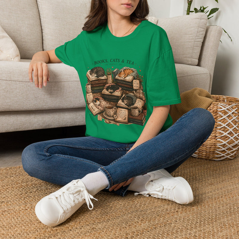 Books Cats & Tea T-Shirt – Cozy Cat Lover Bookish Graphic Tee | Reader and Tea Lover Literary Shirt | Gift from The Bookworm’s Hideaway