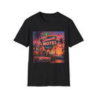 Seaside Motel T-Shirt – Retro Neon Beach Graphic Tee | Vintage Coastal Sunset Shirt | Tropical Vacation Gift