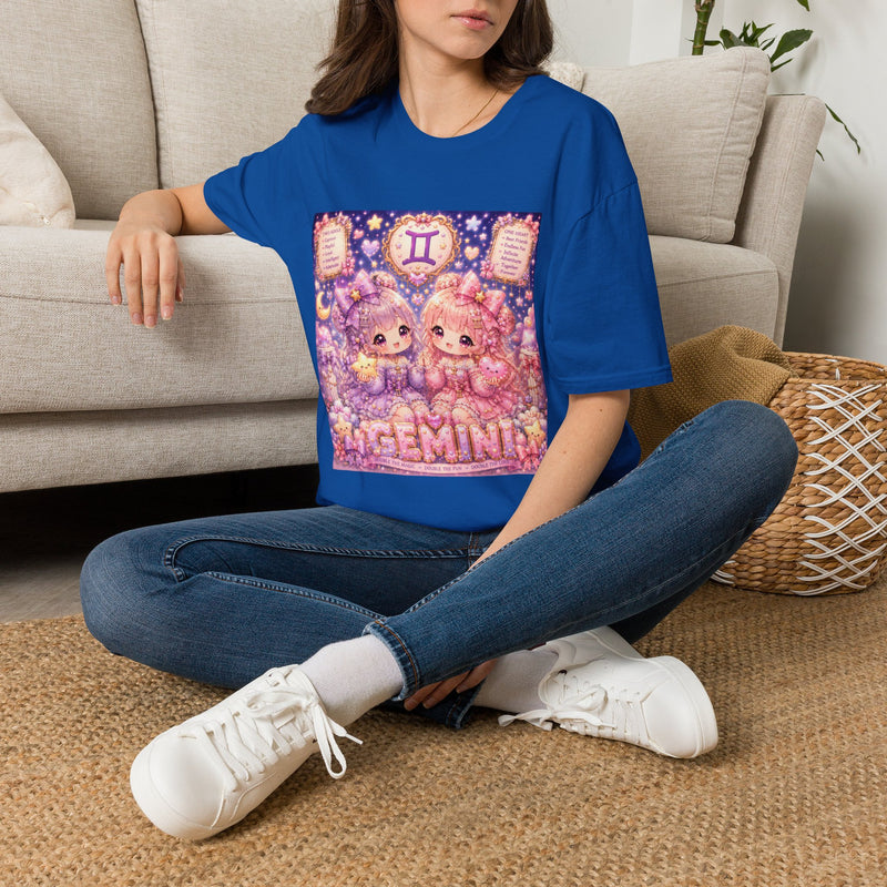 Gemini Kawaii Twin Girls T-Shirt – Cute Zodiac Astrology Graphic Tee | Pastel Celestial Chibi Shirt | Gemini Horoscope Gift
