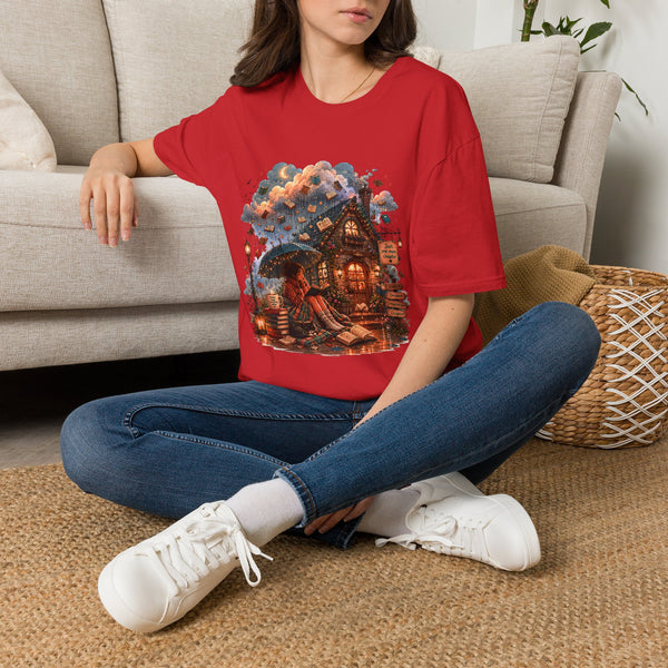 Cozy Book Cottage T-Shirt – Whimsical Reading House Graphic Tee | Fantasy Book Lover Shirt | Literary Gift from The Bookworm’s Hideaway