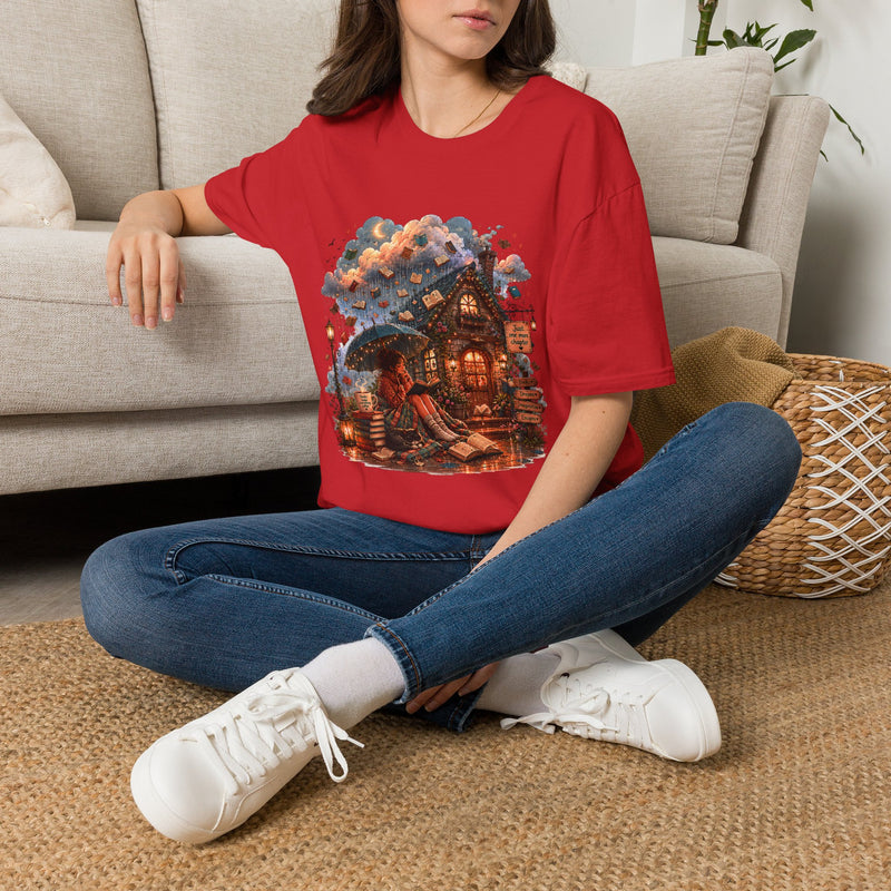 Cozy Book Cottage T-Shirt – Whimsical Reading House Graphic Tee | Fantasy Book Lover Shirt | Literary Gift from The Bookworm’s Hideaway