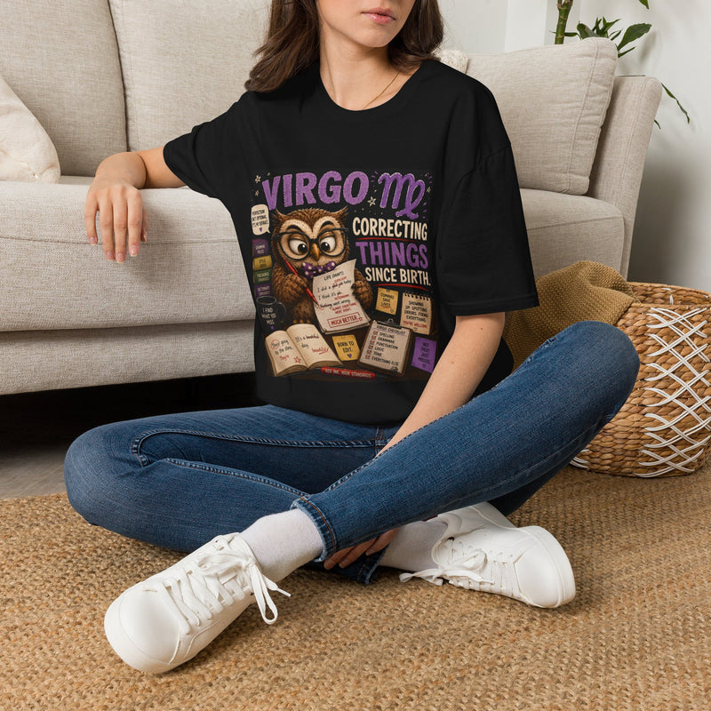Virgo Correcting Things Since Birth T-Shirt – Funny Zodiac Owl Graphic Tee | Cute Astrology Meme Shirt | Virgo Horoscope Gift