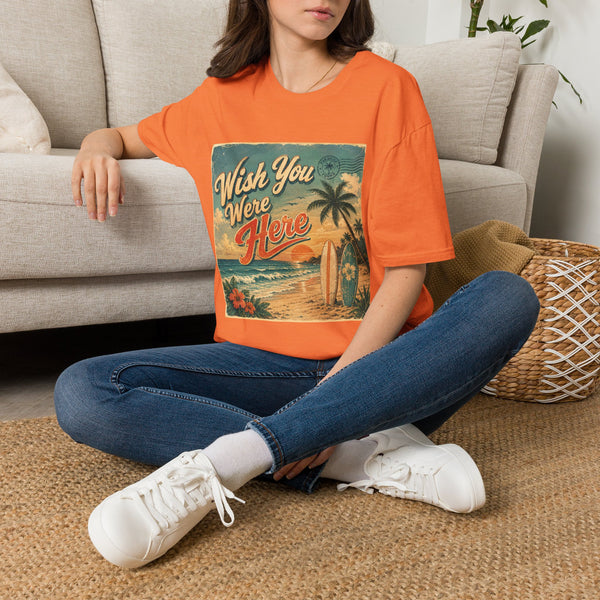 Wish You Were Here T-Shirt – Retro Beach Postcard Graphic Tee | Vintage Coastal Surf Shirt | Tropical Summer Gift