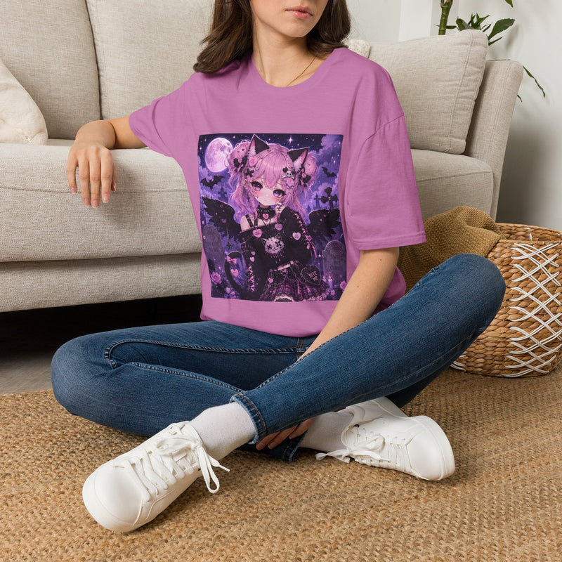 Pastel Goth Cat Girl T-Shirt – Kawaii Gothic Kitty Tee with Moon, Bats & Spooky Cute Aesthetic