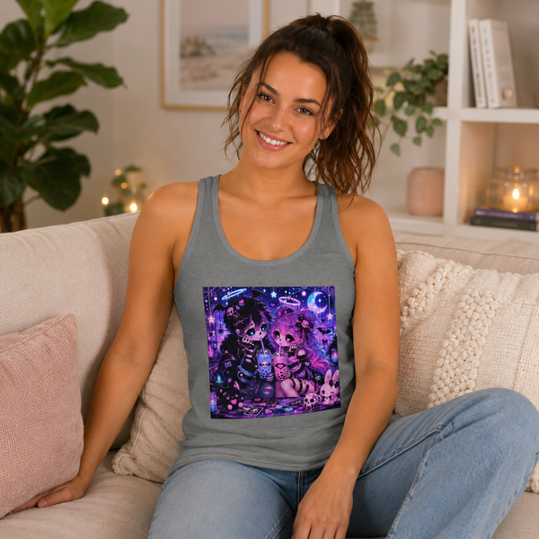 Kawaii Pastel Goth Bubble Tea Tank Top – Cute But Cursed Anime Couple Tank with Skulls, Bats & Gothic Aesthetic