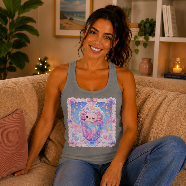 Kawaii Axolotl Milkshake Tank Top – Cute Pastel Axolotl Dessert Graphic Tank | Sweet Candycore Summer Top | Cutiecore Gift