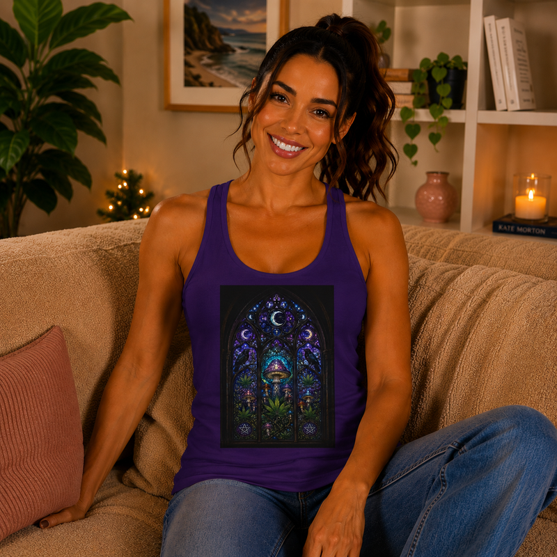 Stained Glass Mushroom Tank Top – Cannabis and Magic Mushroom Graphic Tank | Psychedelic Gothic Window Summer Top | Enchanted Haze Gift