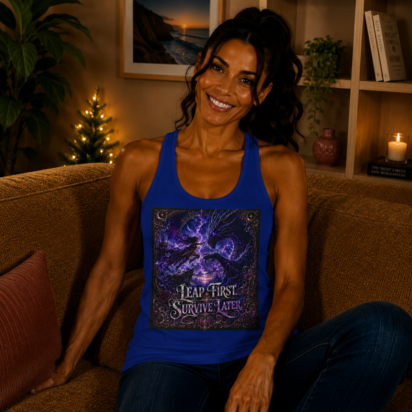 Leap First, Survive Later Tank Top – Dragon Fantasy Graphic Tank | Epic Adventure Quote Summer Top | Fangs & Fairy Tales Gift
