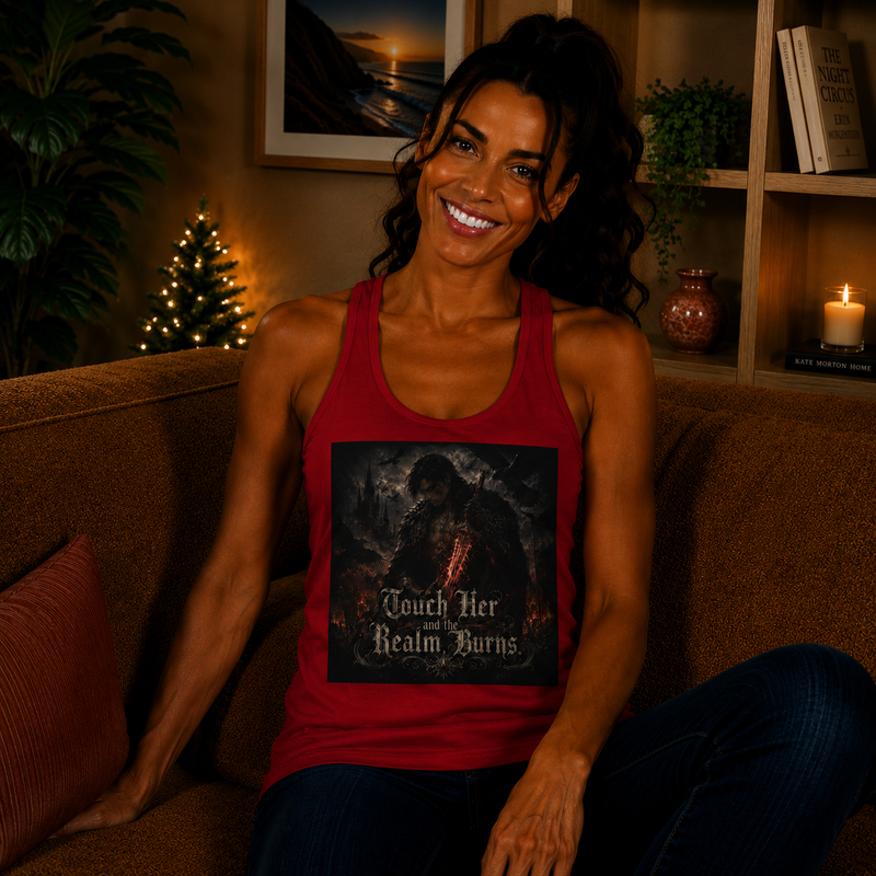 Touch Her and the Realm Burns Tank Top – Fierce Fantasy Romance Graphic Tank | Protective Gothic Summer Top | Fangs & Fairy Tales Gift