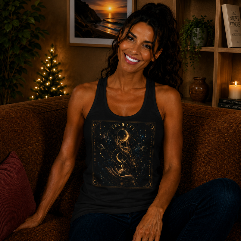 Celestial Triple Moon Goddess Tank Top – Mystical Lunar Feminine Graphic Tank | Cosmic Divine Energy Fantasy Shirt | Witchy Moon Lover Gift